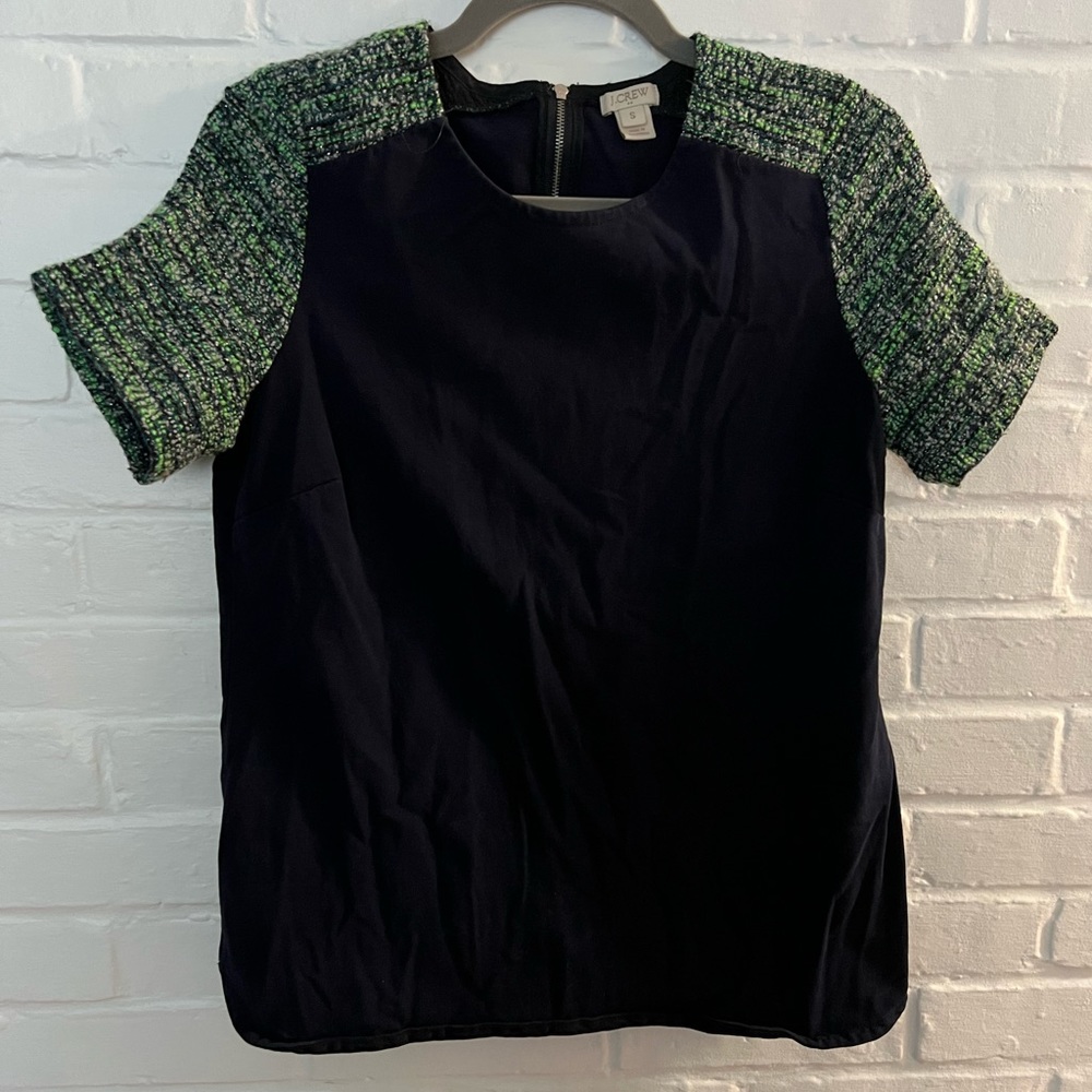 J.Crew navy shirt with green tweed